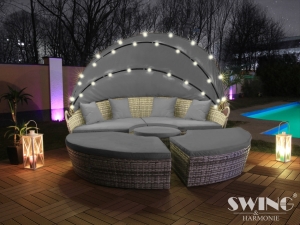 LED Sonneninsel Polyrattan Gartenliege XXL 210cm Grau