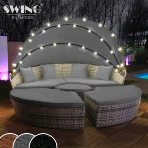 LED Sonneninsel Polyrattan Gartenliege XXL 210cm Grau