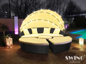 LED Sonneninsel XXL-210cm Polyrattan Gartenliege Schwarz