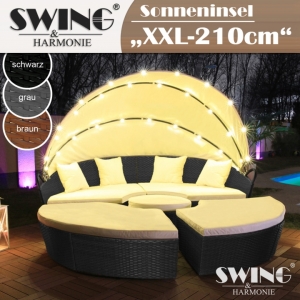 LED Sonneninsel XXL-210cm Polyrattan Gartenliege Schwarz